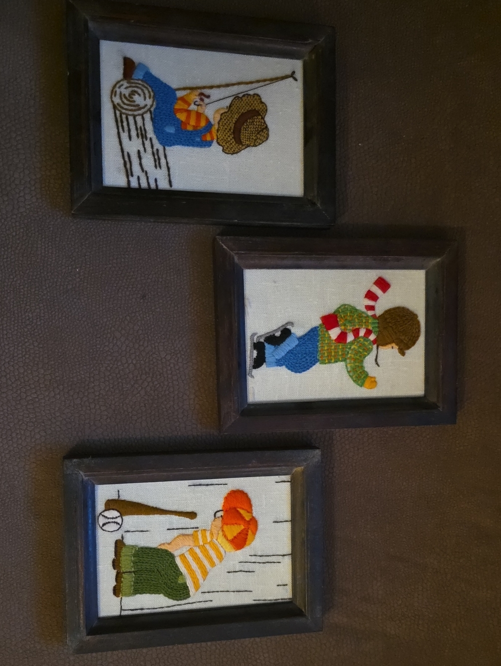 Framed Boys Wall Art Trio -Embroidered : Baseball/Skating/Fishing  8.25x6.25"